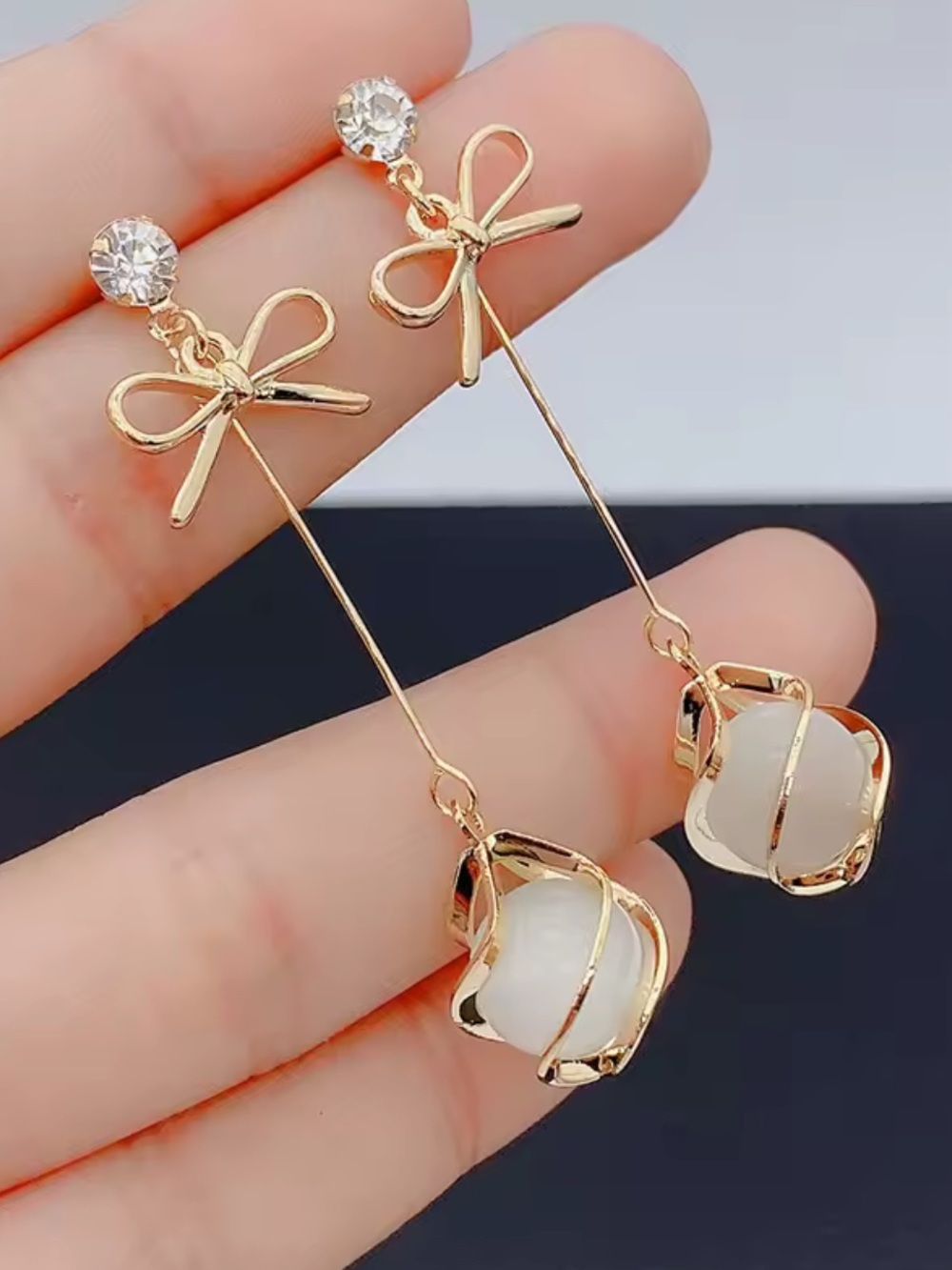 Anthropologie Gold Bow Drop Earrings with White Orb